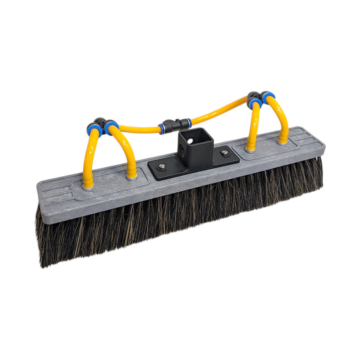 A wide brush attachment with dark bristles, a gray plastic frame, bright yellow tubing, and a black mounting bracket, shown on a plain white background.