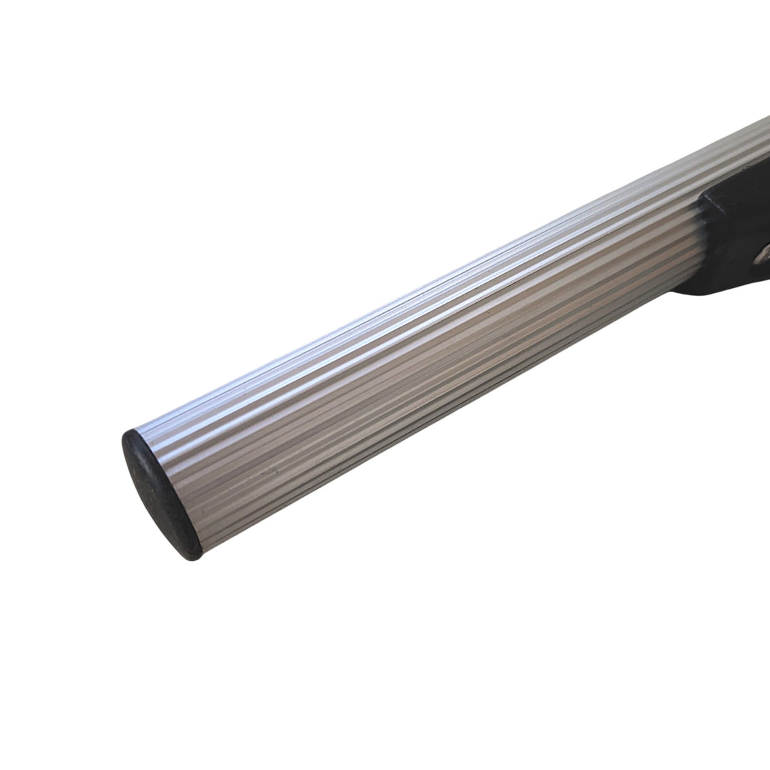 A close-up of a silver aluminum t-bar with a ribbed texture and a black end cap, shown against a plain white background.