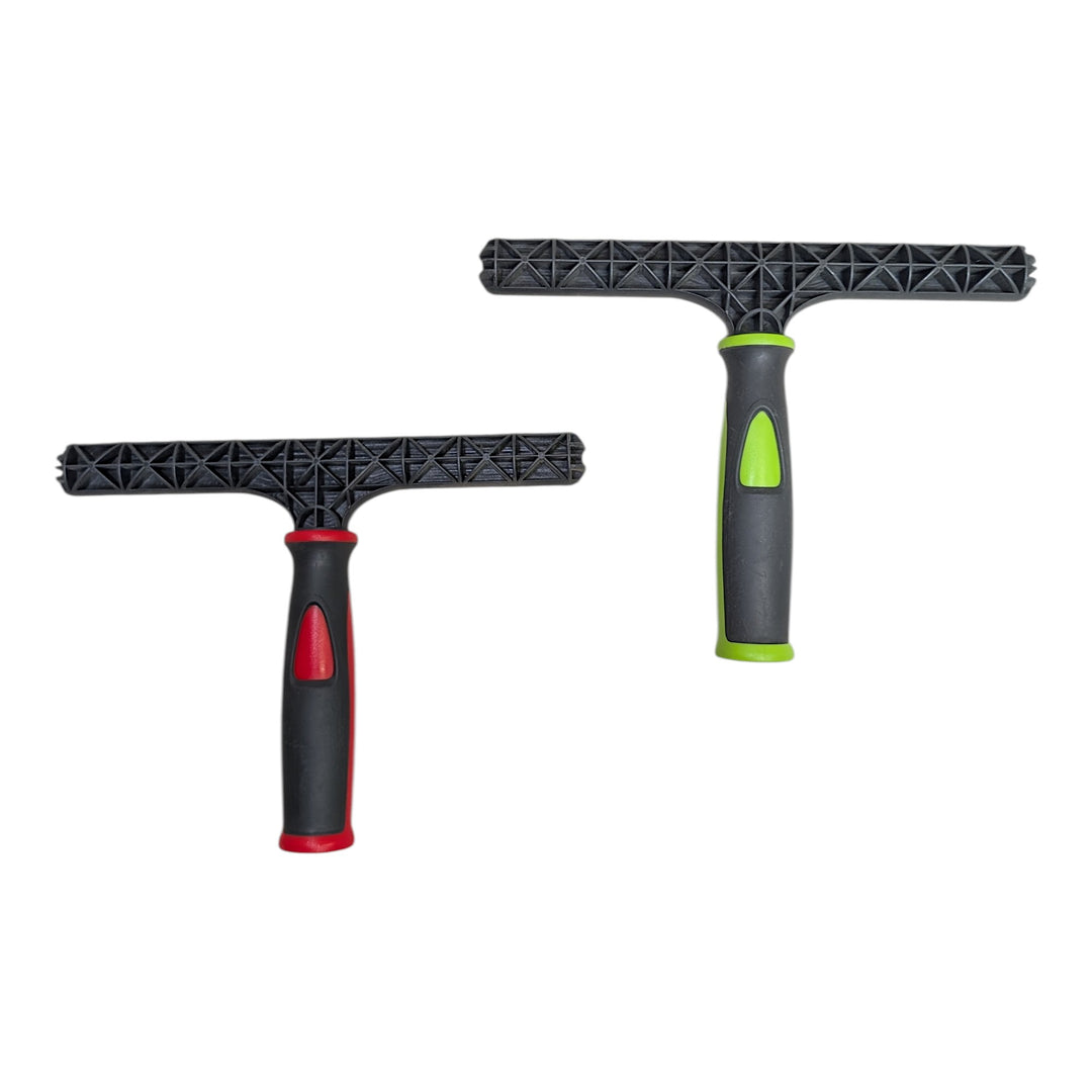 Two window cleaning t-bars on a plain white background, one with a black and red handle and one with a black and lime green handle.