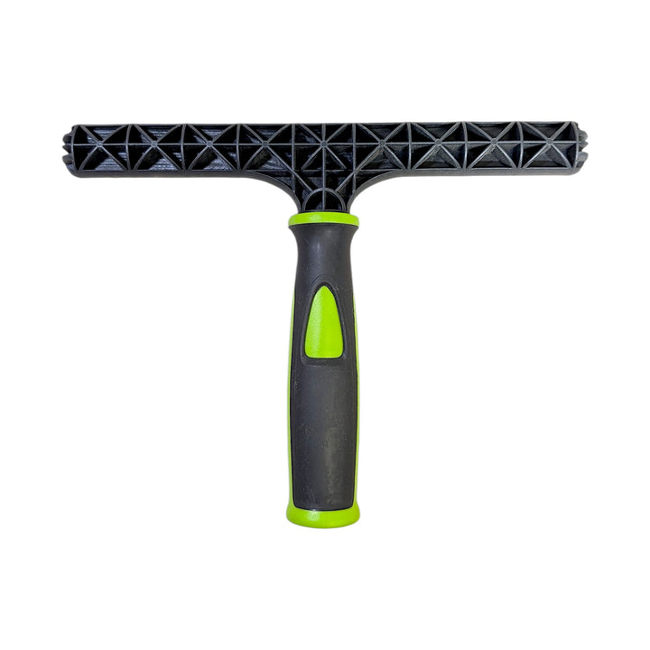 A window cleaning t-bar with a black textured top and a black and lime green ergonomic handle, shown against a plain white background.