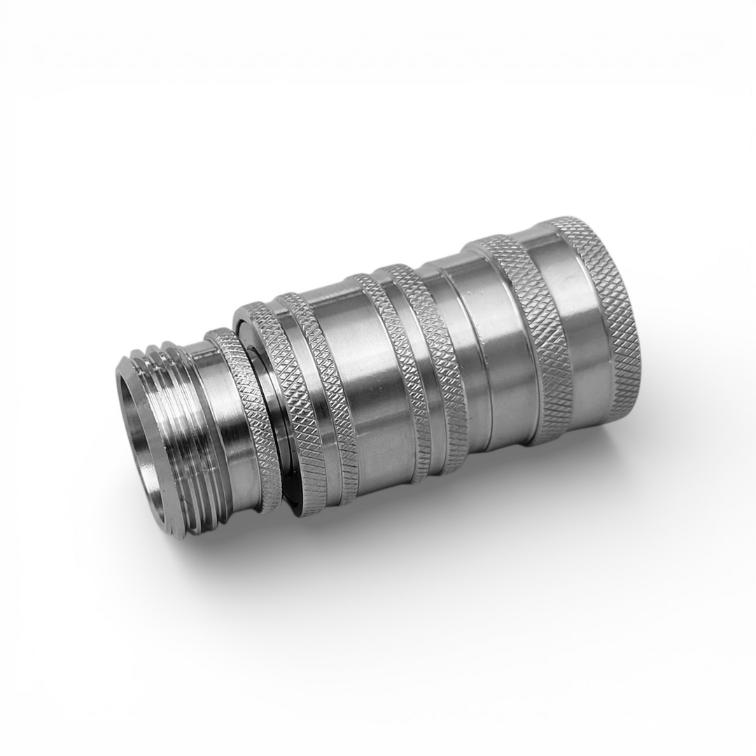 Spring-loaded stainless steel garden hose quick connect attached for quick hose changes