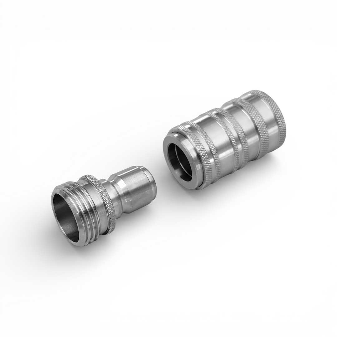 Spring-loaded garden hose quick connect fitting separated to show release collar detail