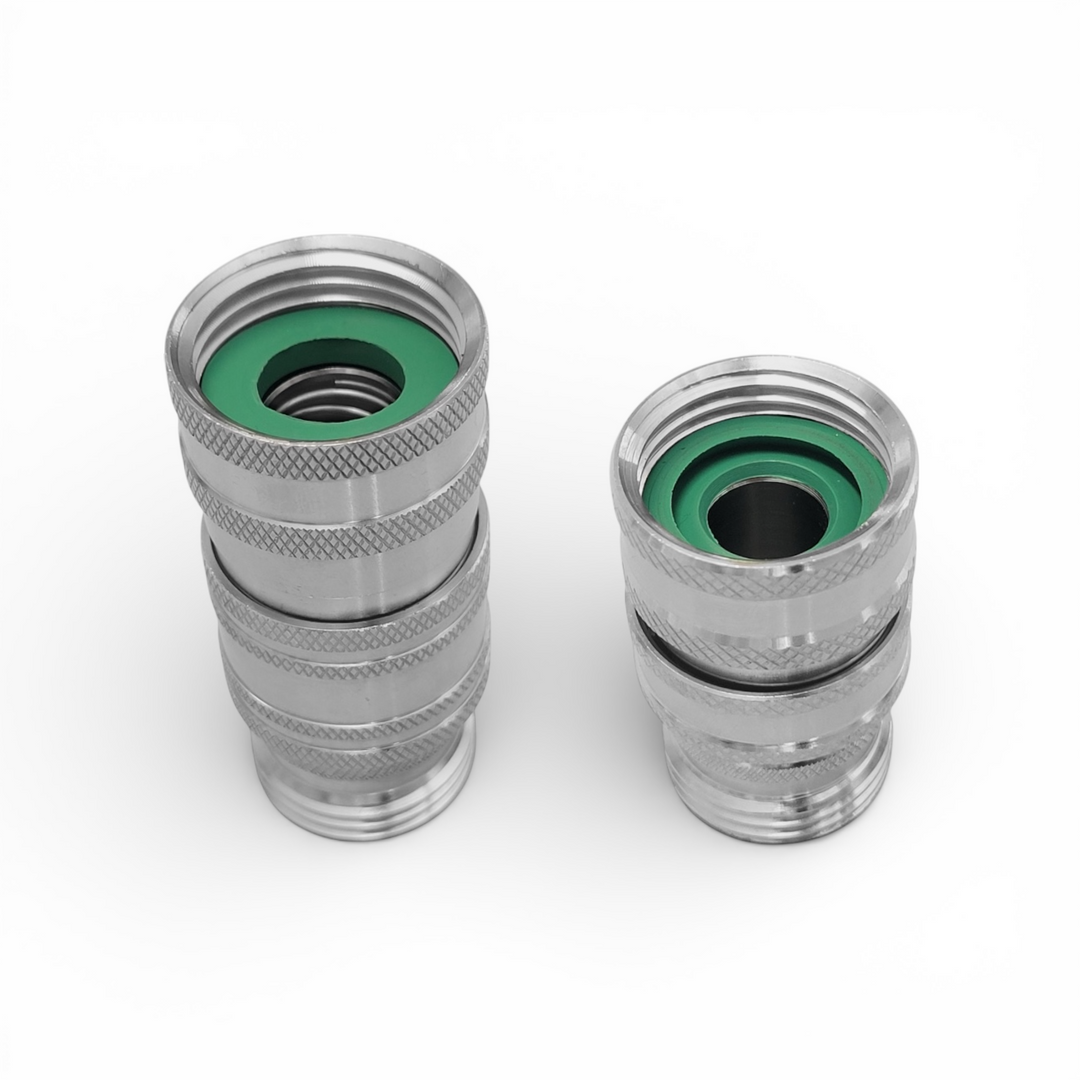 Standard and spring-loaded stainless steel garden hose quick connects for window cleaning systems