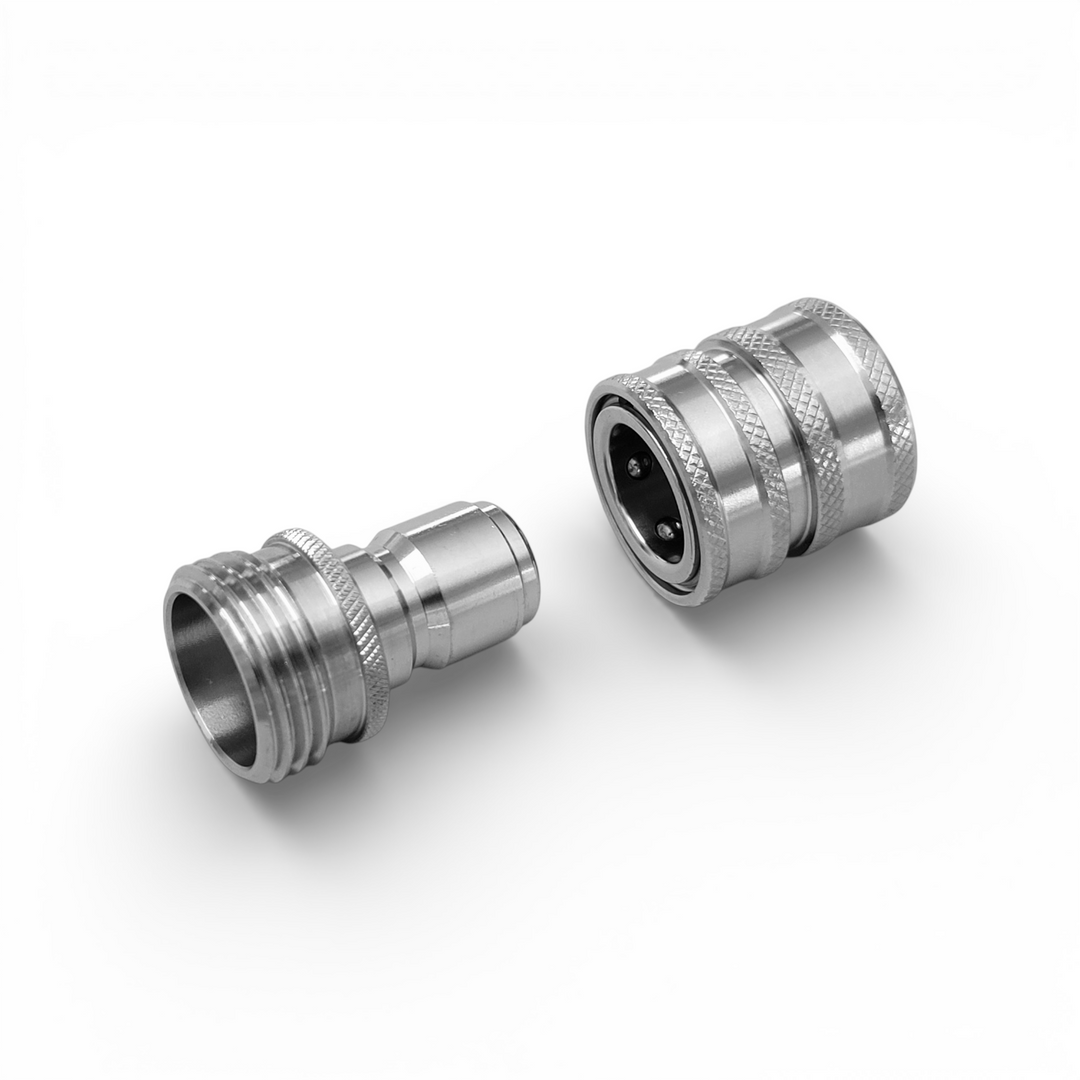Standard stainless steel garden hose quick connect fitting separated to show quick connect action and threads