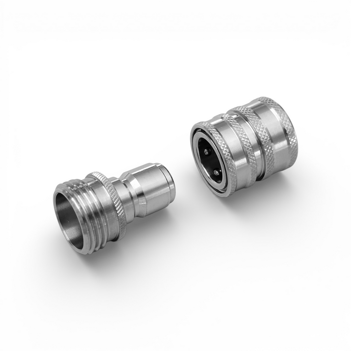 Standard stainless steel garden hose quick connect fitting separated to show quick connect action and threads