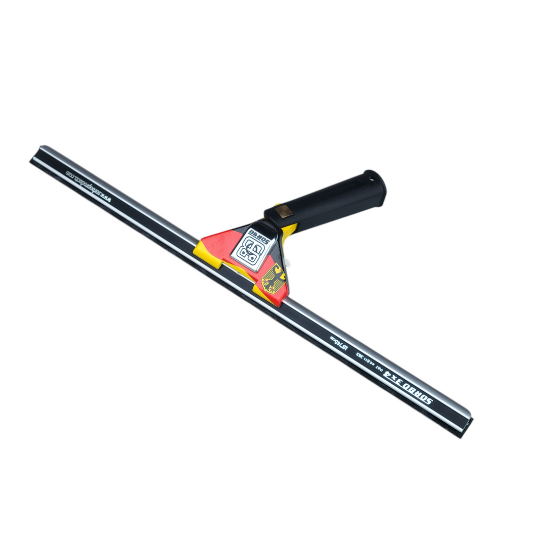 Angled view of the Sörbo Germany Complete Squeegee highlighting the wide-body channel and custom handle design