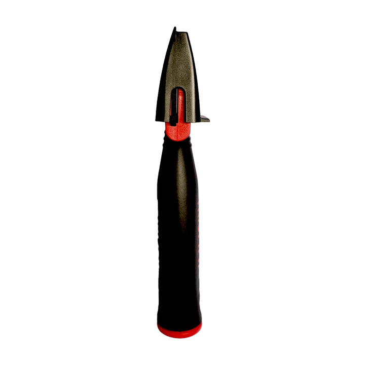 Side view of a Triumph MK3 6in Scraper with an angled blade, showing the ergonomic black handle with a red stripe and cap.