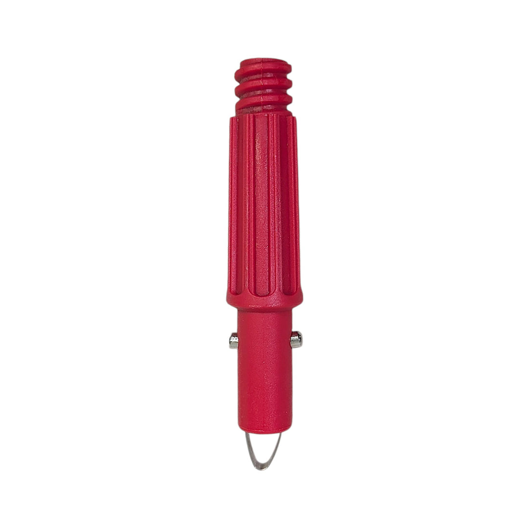 A red plastic cone adapter with a metal loop at the tip, shown against a plain white background.