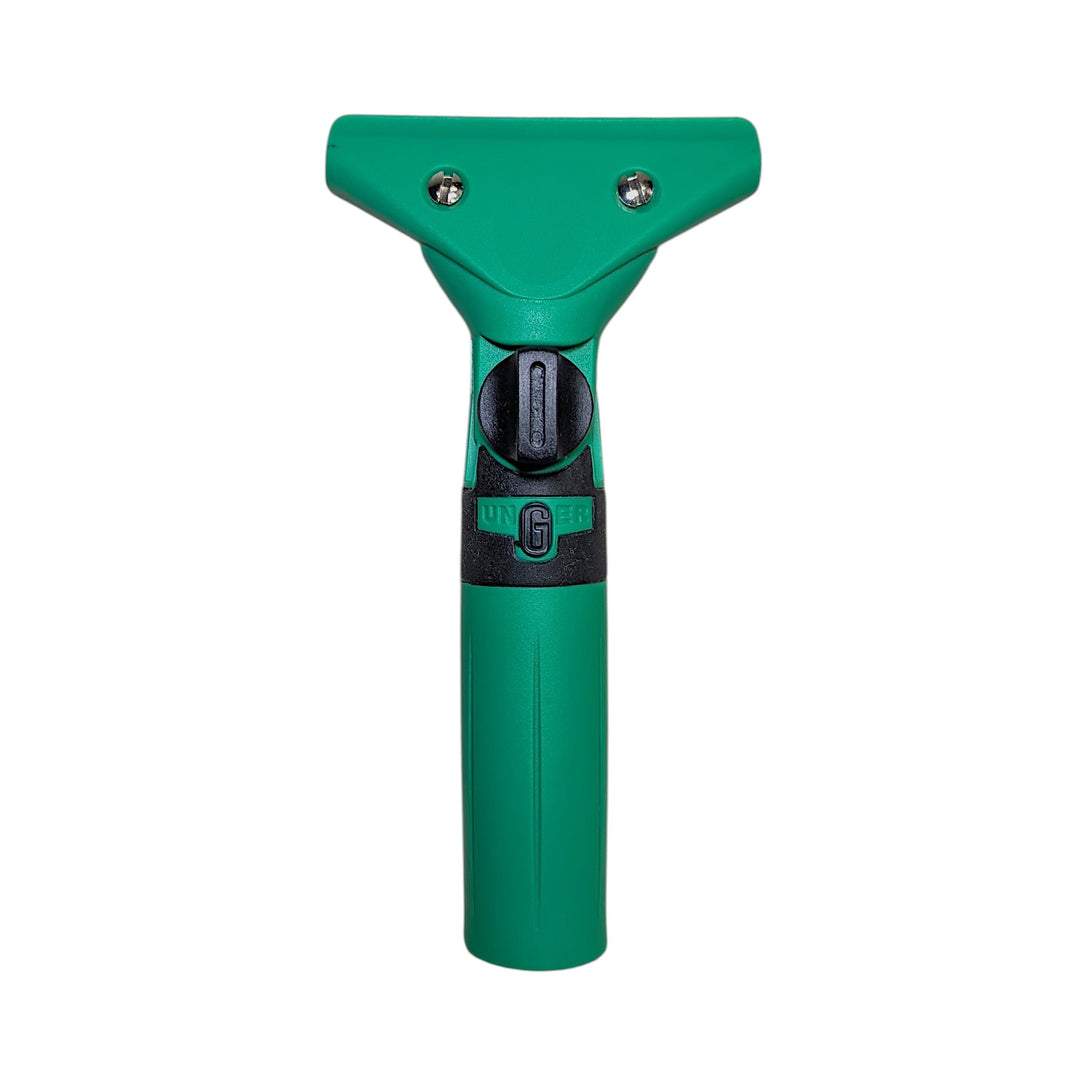A green squeegee handle with a black accent band and a black central control knob and a textured grip, shown against a plain white background.