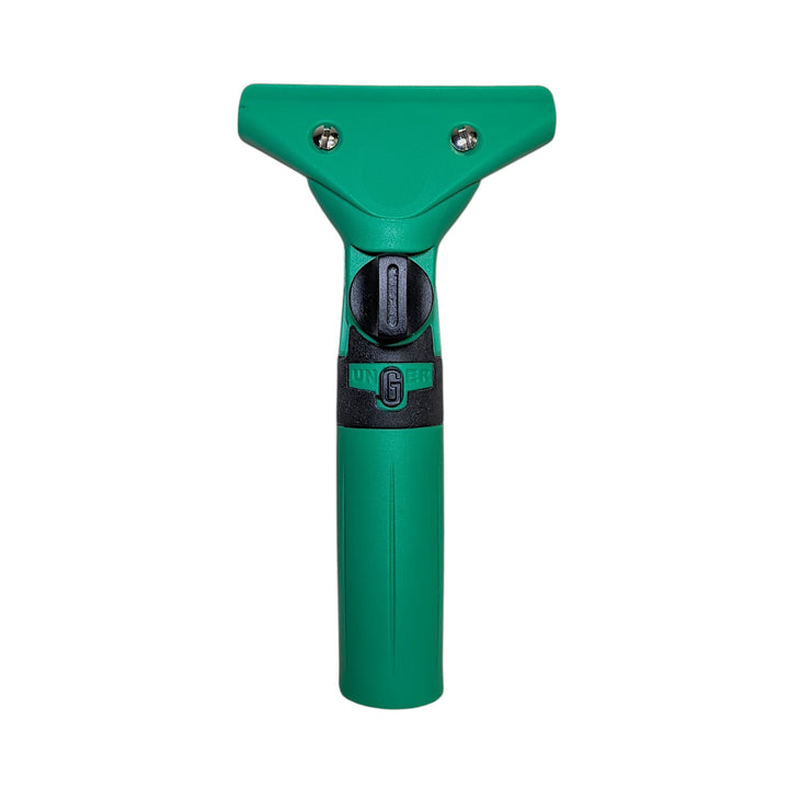 A green squeegee handle with a black accent band and a black central control knob and a textured grip, shown against a plain white background.