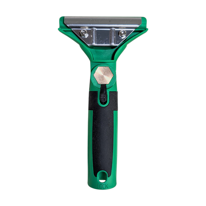 The back of a green and black squeegee handle with 0 degree angle, with a metallic back plate and black button, shown against a plain white background.