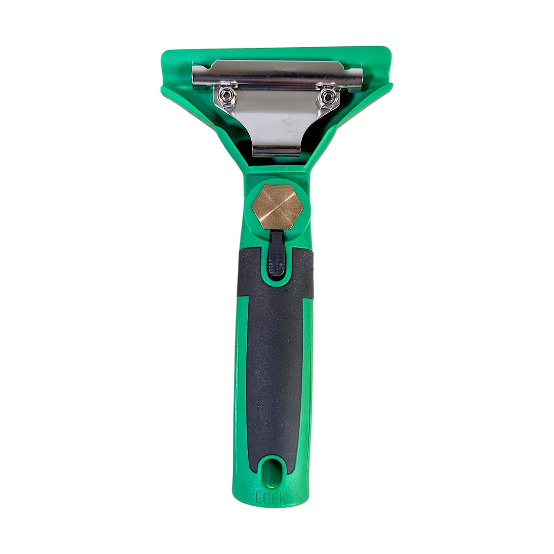 The back of a green and black squeegee handle, with a metallic back plate and black button, shown against a plain white background.