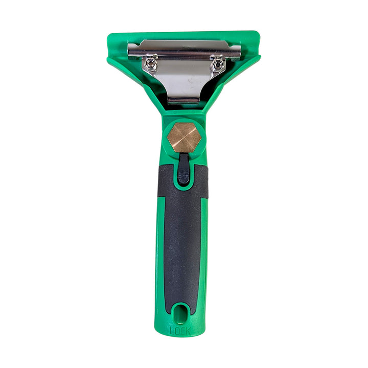 The back of a green and black squeegee handle, with a metallic back plate and black button, shown against a plain white background.