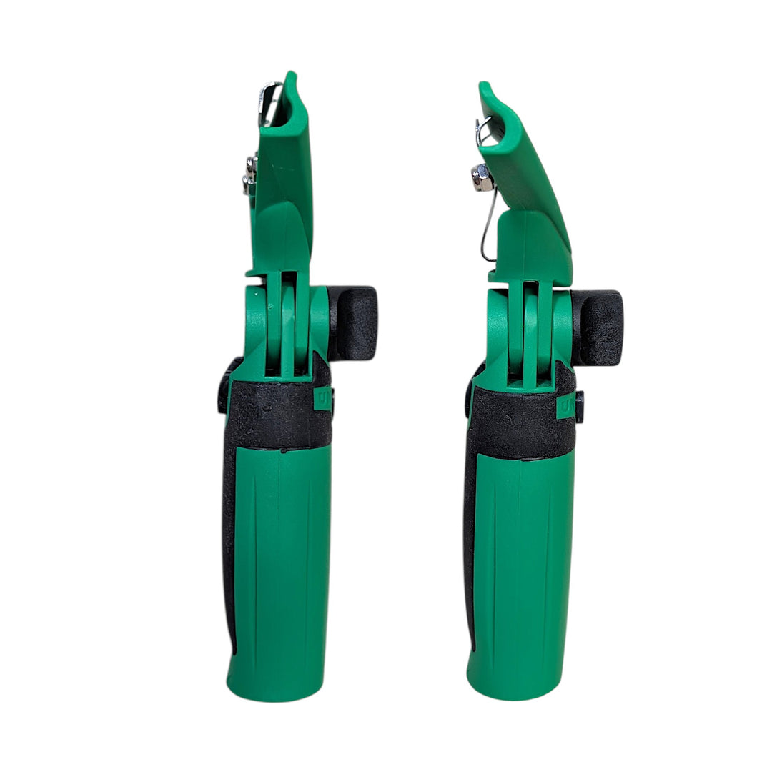 Side view of two green and black squeegee handles shown upright against a plain white background. The head of the handle on the left is straight, the head of the handle on the right is tilted forward at a 30 degree angle.