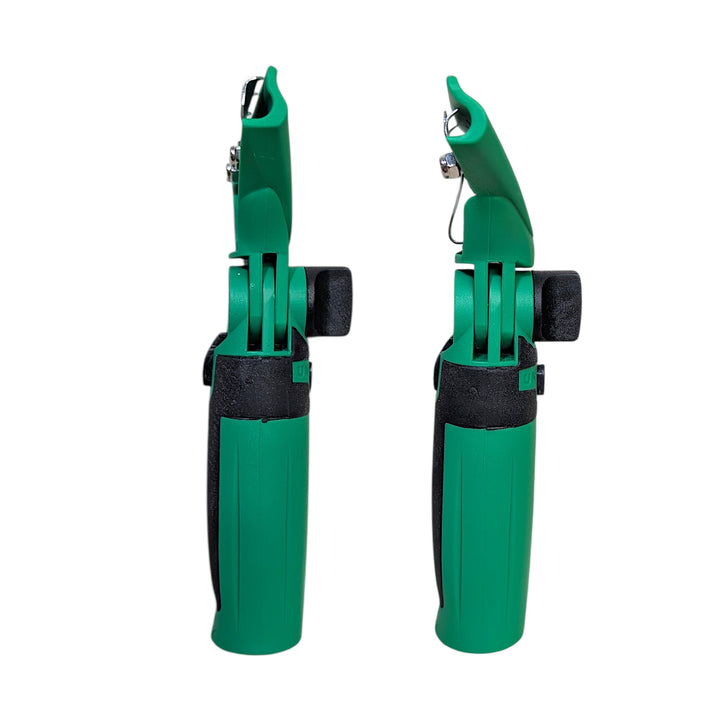 Side view of two green and black squeegee handles shown upright against a plain white background. The head of the handle on the left is straight, the head of the handle on the right is tilted forward at a 30 degree angle.