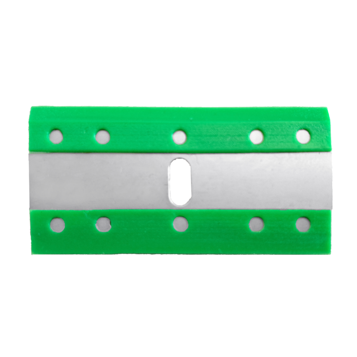 Green plastic blade with metal cutting edge on a white background