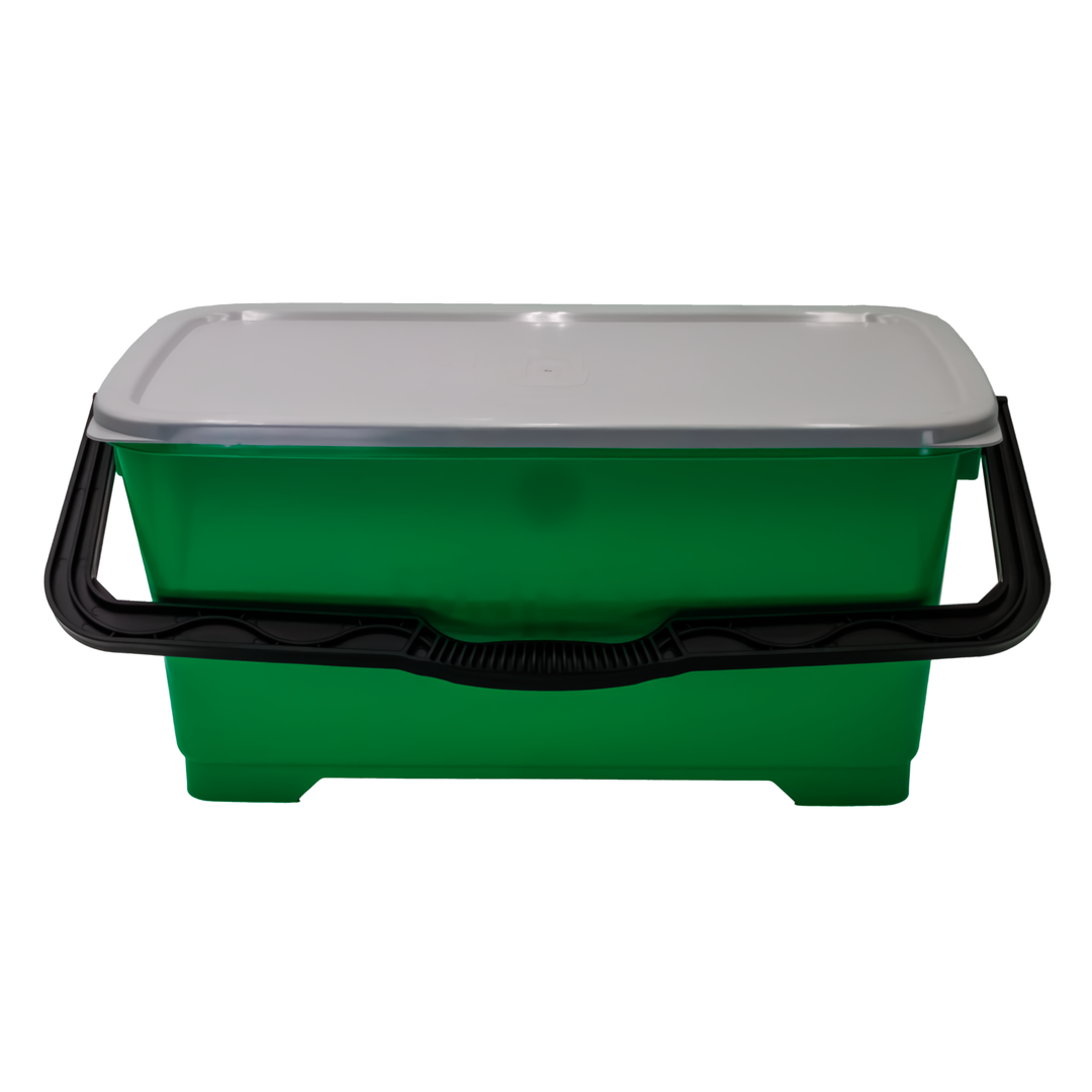 Green Unger window cleaning bucket with gray lid and black carrying handle