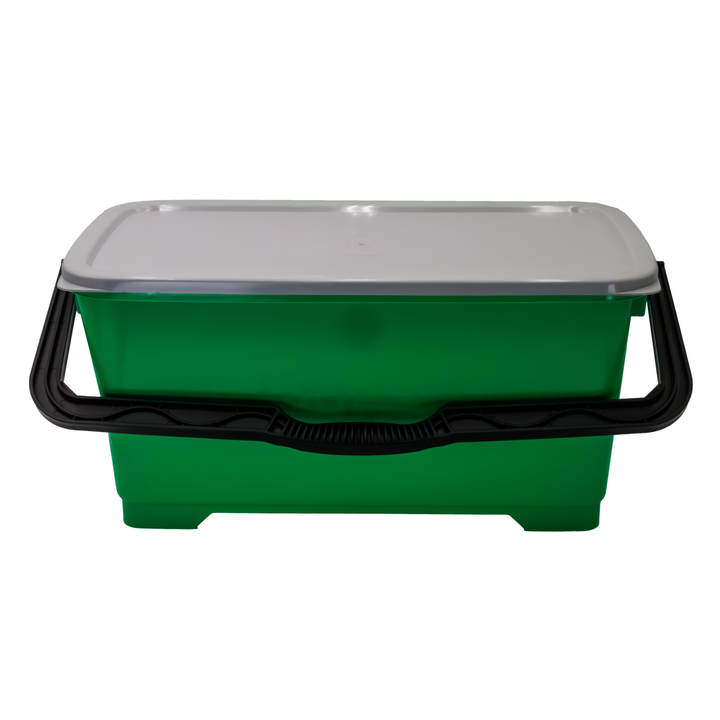 Green Unger window cleaning bucket with gray lid and black carrying handle