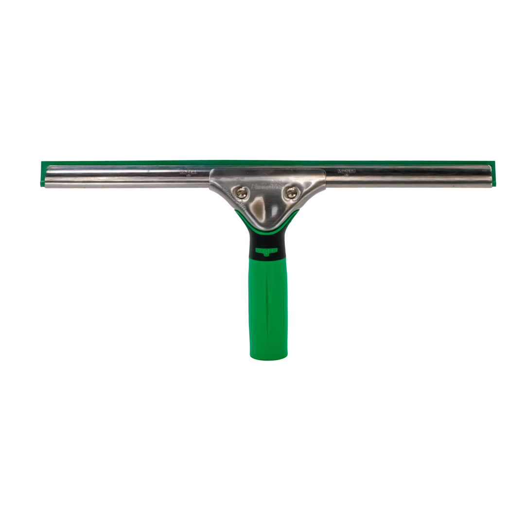 Unger ErgoTec squeegee with green handle and stainless-steel channel, front view