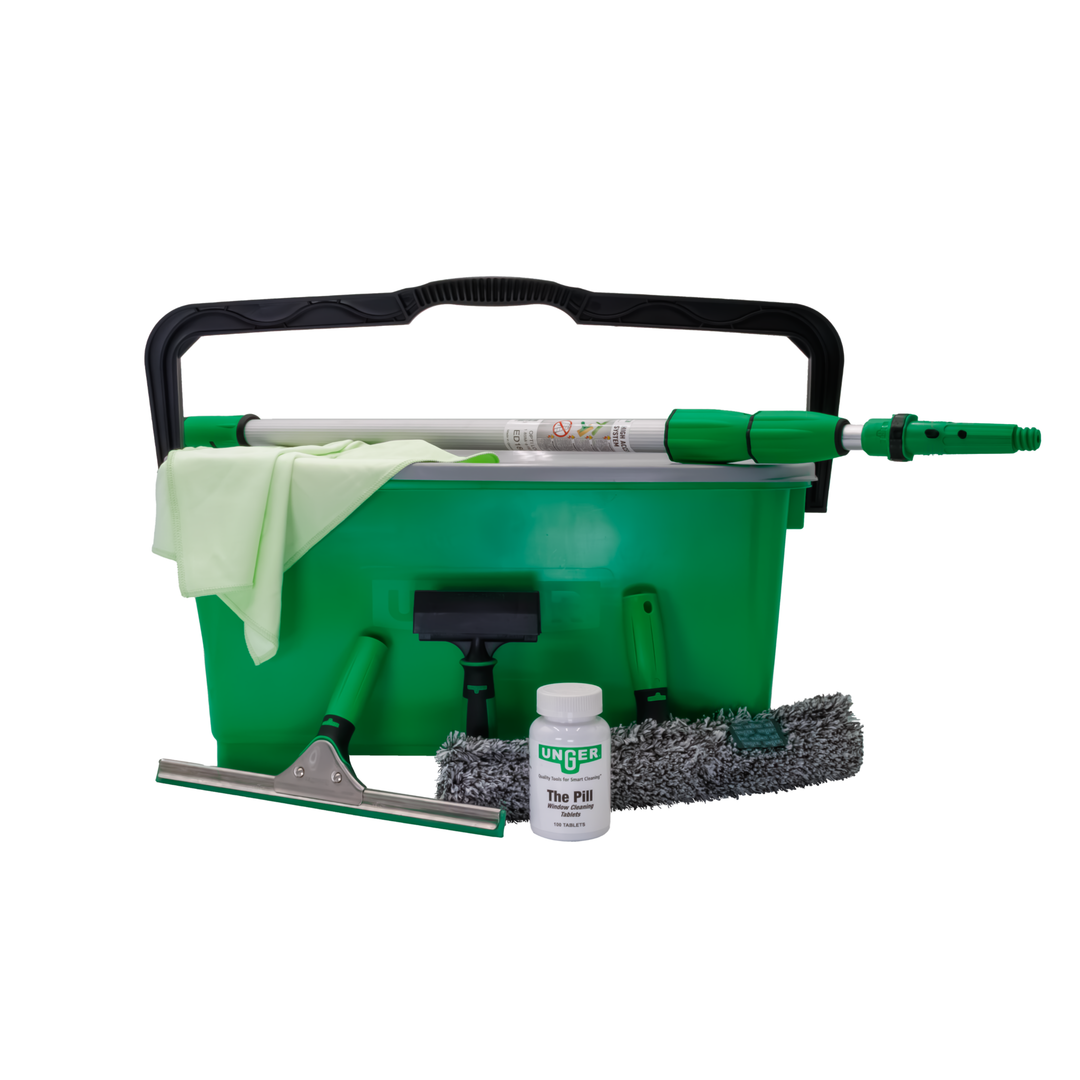 Unger window cleaning kit with bucket, extension pole, washer, squeegee, microfiber cloth, tablets, and hand tools
