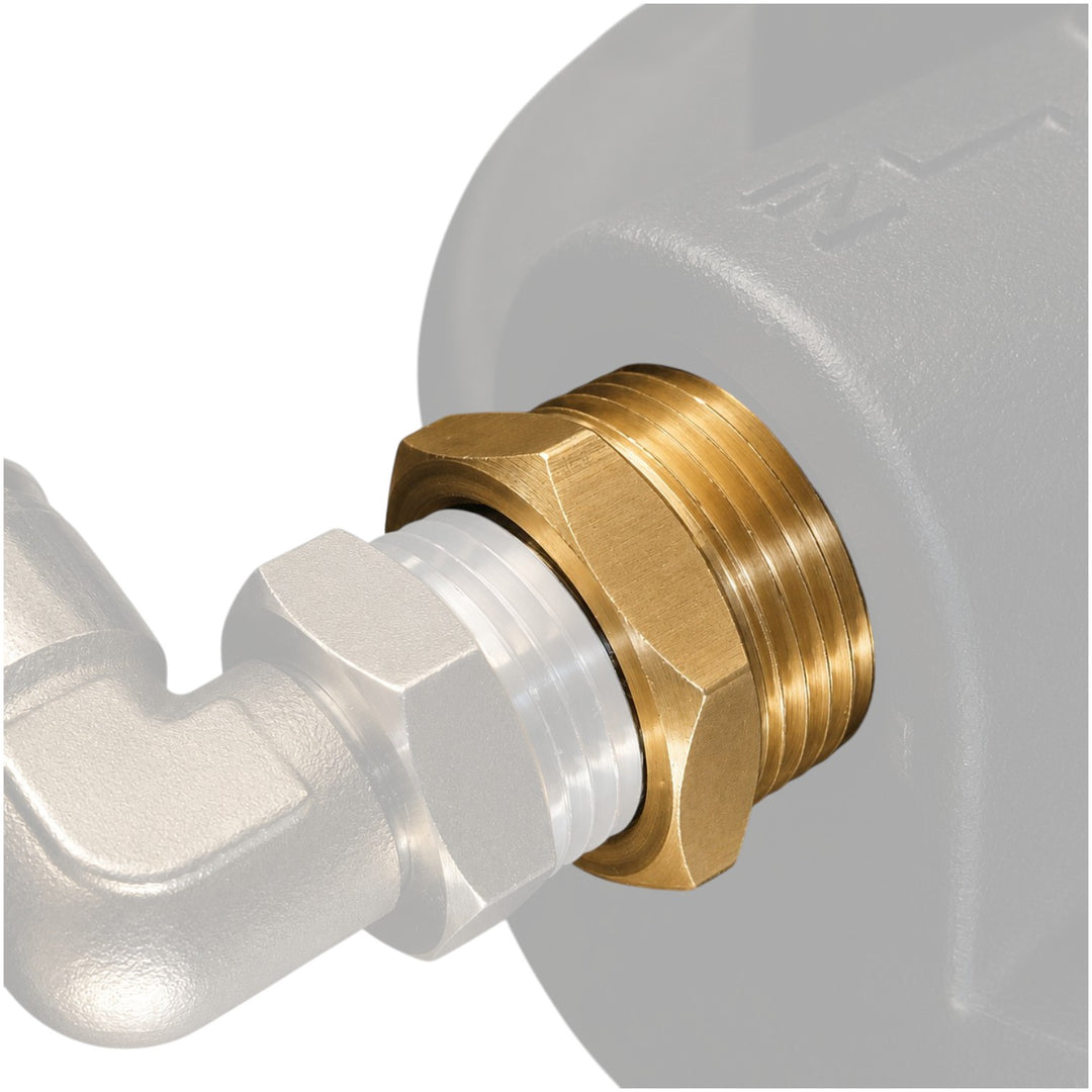 Close-up of a brass plumbing fitting on a white background