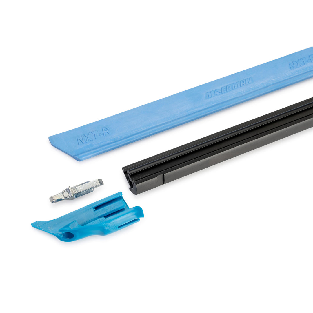 A set of replacement Moerman Liquidator components, including a long blue profile track, a black channel track, a small metal pin, and a blue plastic mounting clip, shown on a plain white background.
