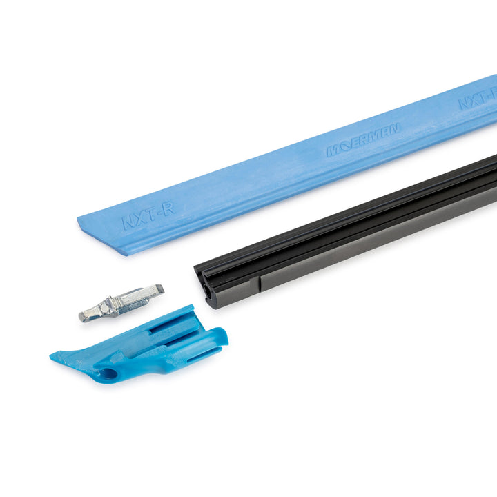 A set of replacement Moerman Liquidator components, including a long blue profile track, a black channel track, a small metal pin, and a blue plastic mounting clip, shown on a plain white background.