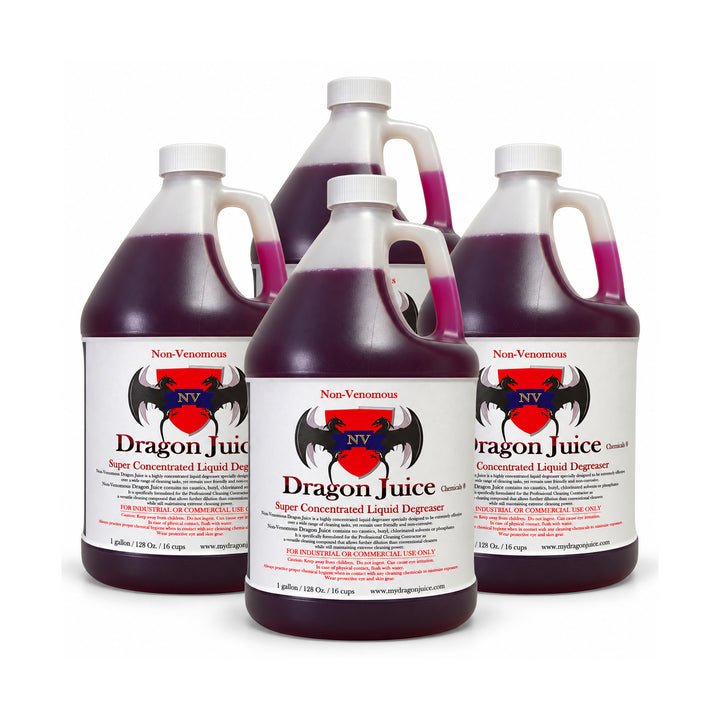 4 gallons of purple Dragon Juice NV super-concentrated liquid degreaser on a white background