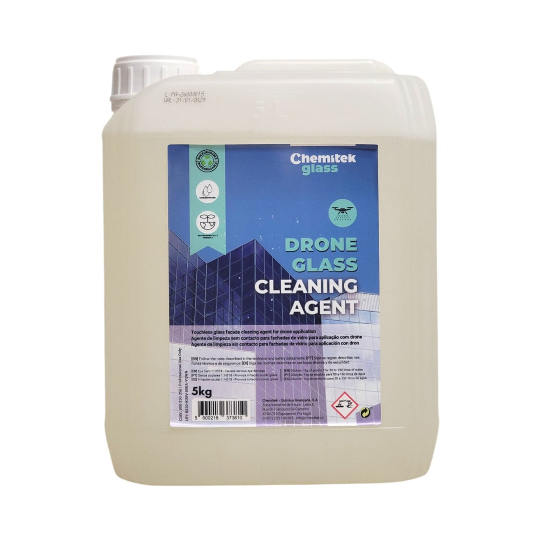 A 5kg plastic jerrycan of Chemitek Glass Drone Glass Cleaning Agent, featuring a white cap and a blue and purple label, set against a plain white background.