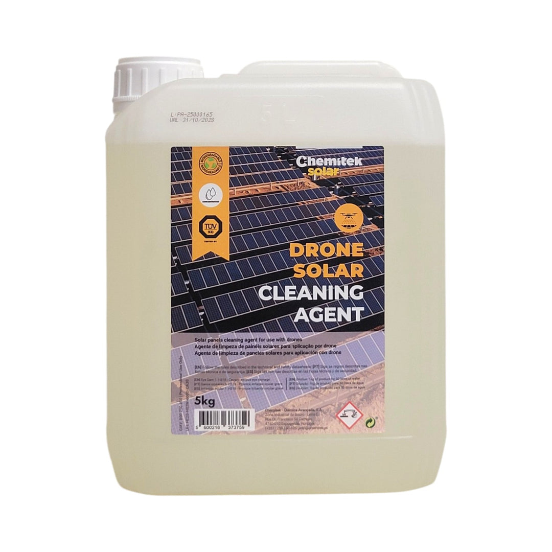 A 5kg plastic jerrycan of Chemtek Drone Solar Cleaning Agent, filled with a translucent off-white liquid, featuring a label with solar panels and product details.