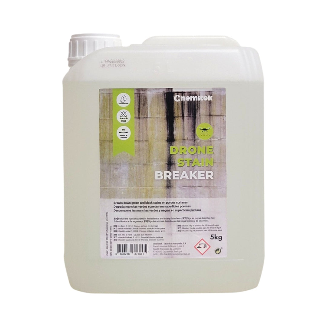 A 5kg plastic jerrycan of Chemtek Drone Stain Breaker, featuring a white label with green and brown graphics, on a solid white background.