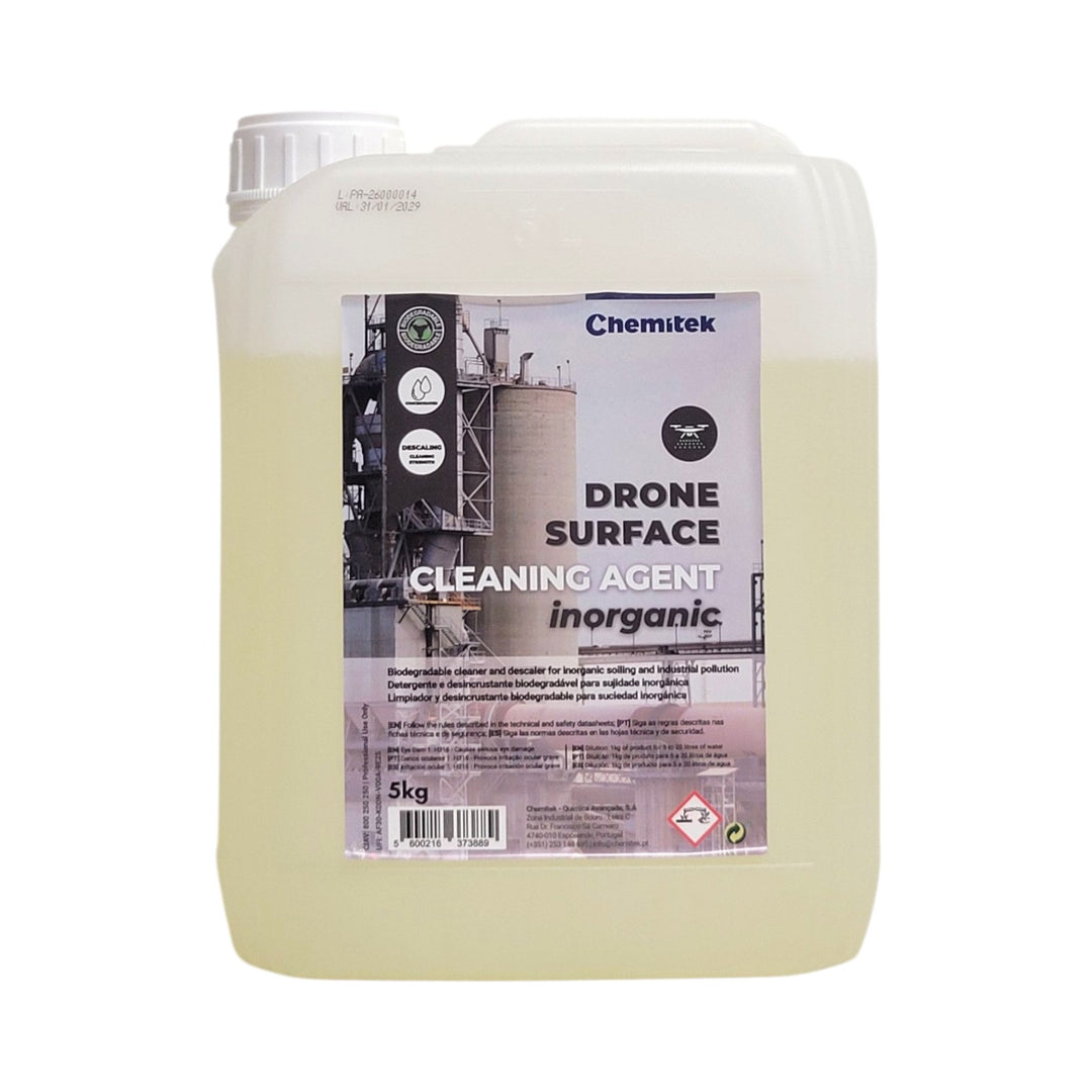 A 5kg plastic jerrycan of Chemitek Drone Surface Cleaning Agent inorganic, filled with a pale yellow liquid, on a white background.