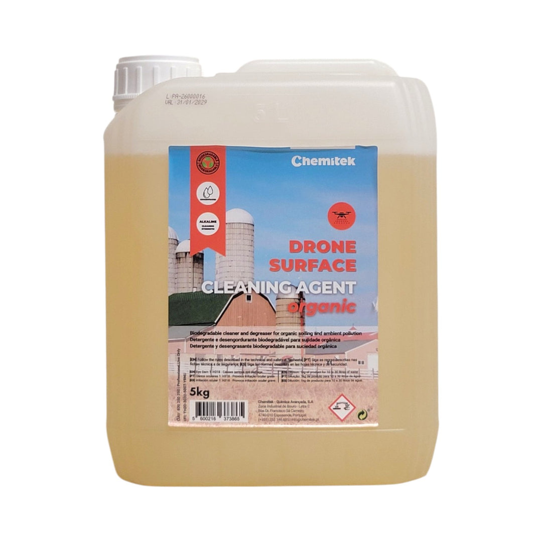 A 5kg plastic jerrycan of Chemitech Drone Surface Cleaning Agent filled with a pale yellow liquid, shown against a plain white background.