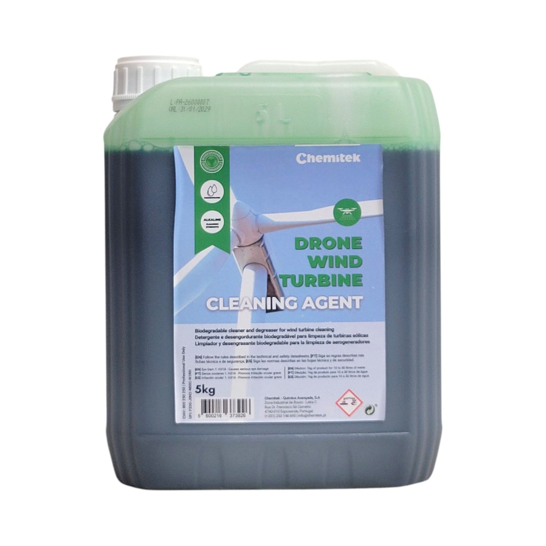 A 5kg plastic jerrycan of Chemtek Drone Wind Turbine Cleaning Agent, filled with a dark gray liquid and featuring a light green top section and a blue-and-white label.