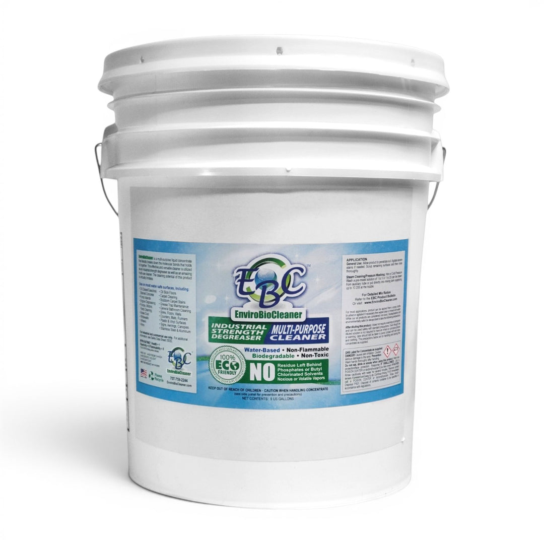 White bucket with a label for EBC (EnviroBioCleaner) on a white background