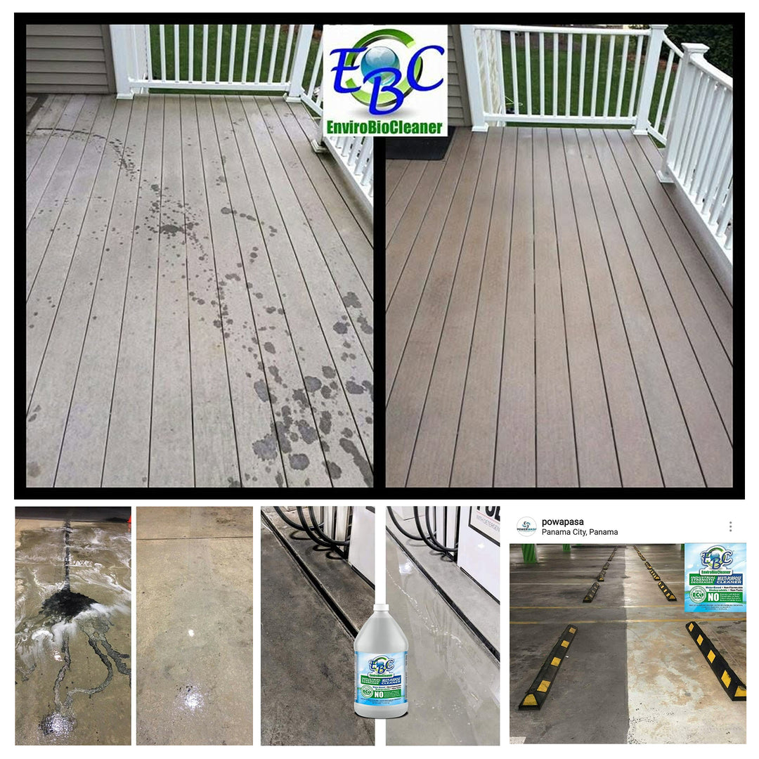 Before-and-after comparison of a deck cleaned with EnviroBioCleaner, showing the product and its effectiveness.