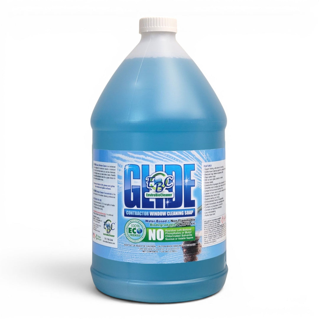 Large bottle of GLIDE window cleaning soap on a white background