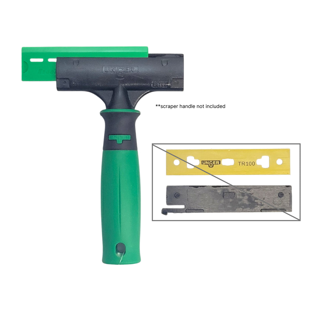 Green and black window scraper with inset showing replacement blade on a white background
