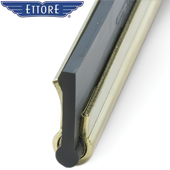 "Detailed view of an Ettore brass squeegee channel with rubber blade, highlighting the precision edge