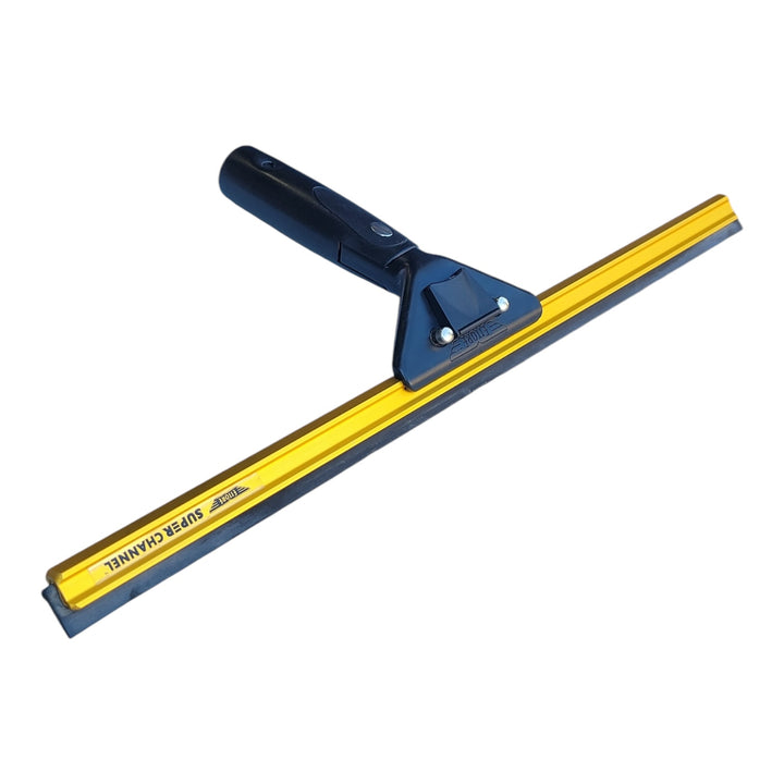 Close-up view of the Ettore Pro+ Super Swivel Complete Squeegee featuring a durable yellow brass Super Channel and a pivoting black handle for professional window cleaning.