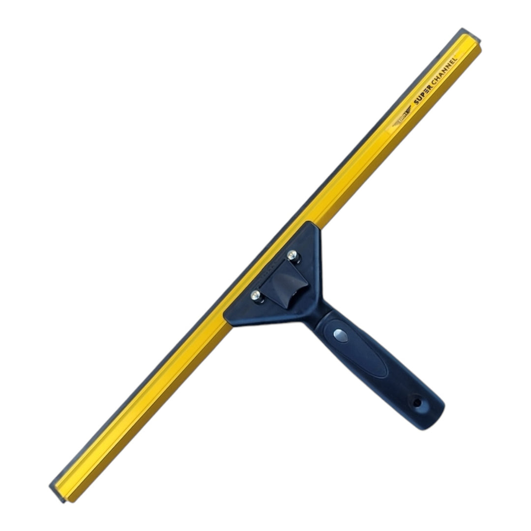 Top-down view of the Ettore Pro+ Super Swivel Complete Squeegee, showcasing its wide brass Super Channel and ergonomic swivel handle designed for high-performance cleaning.