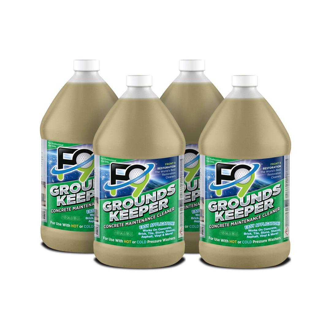 Four gallons of F9 Grounds Keeper in a white background.