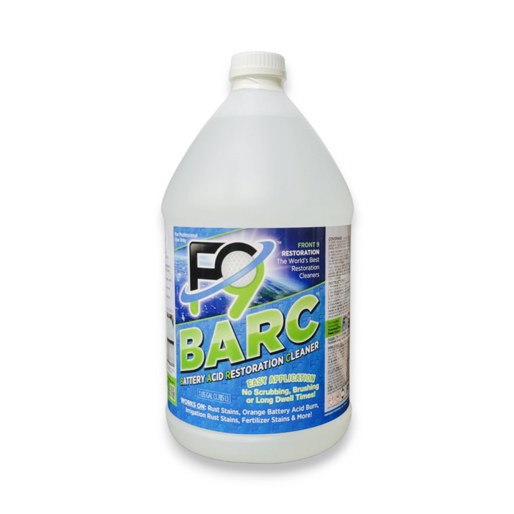 A gallon of f9 barc, the battery acid restoration cleaner.