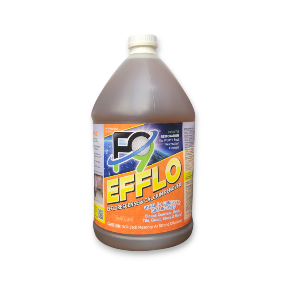 A gallon of F9 Efflorescence and calcium remover, but known as F9 EFLLO, in a white background.