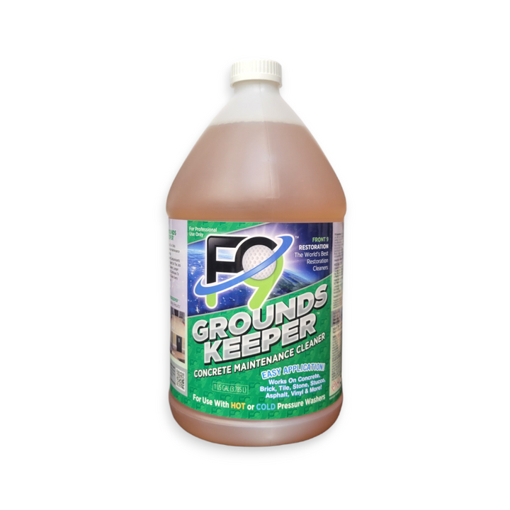 A gallon of F9 GroundsKeeper concrete maintenance cleaner in a white background.