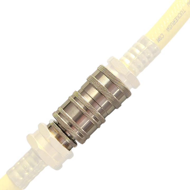 Stylized spring-loaded garden hose quick connect with soft lighting for promotional image