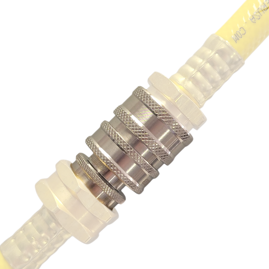 Stylized standard garden hose quick connect with faded background