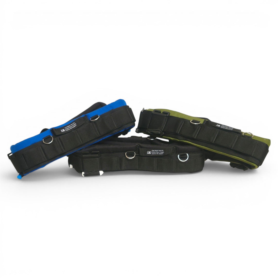 Three tactical waist belts stacked together on a white background. The top belt is blue and black, the middle belt is black, and the bottom belt is olive green and black.