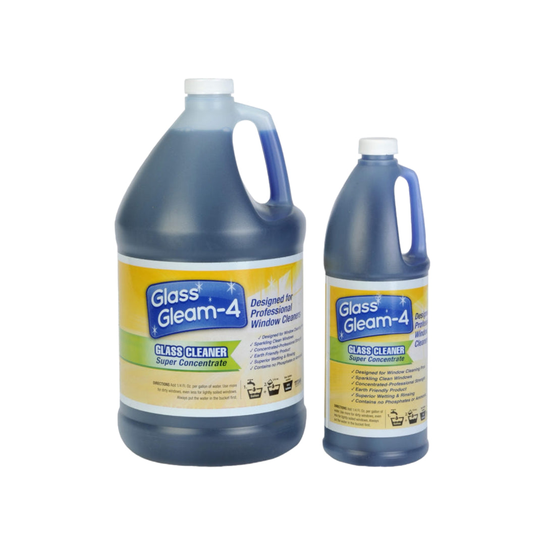 A one-gallon and a quart-sized bottle of Glass Gleam-4™ Window Cleaning Concentrate. Both are dark blue with yellow and white label detailing the brand and product name, and instructional use information. The label indicates the product is a super concentrate and designed for professional window cleaners.