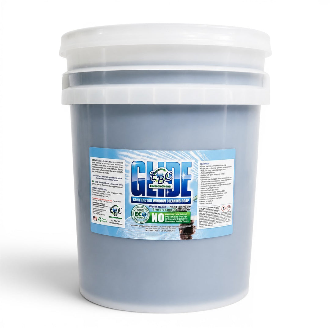 Glide cleaning product in a large 5 gallon bucket with a label on a white background